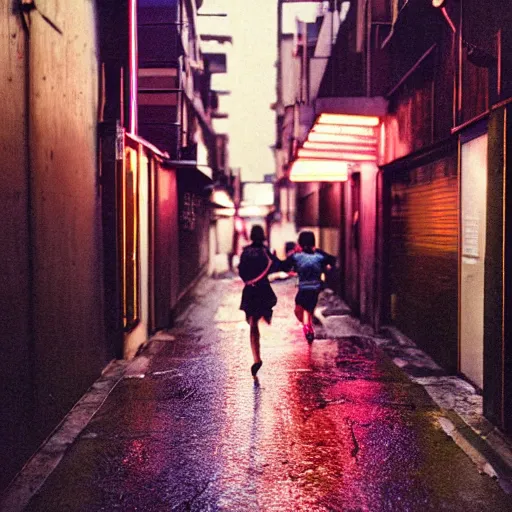 Image similar to 1990s perfect 8K HD professional cinematic photo of close-up japanese schoolgirl running in dystopian alleyway with neon signs, at evening during rain, at instagram, Behance, Adobe Lightroom, with instagram filters, depth of field, taken with polaroid kodak portra