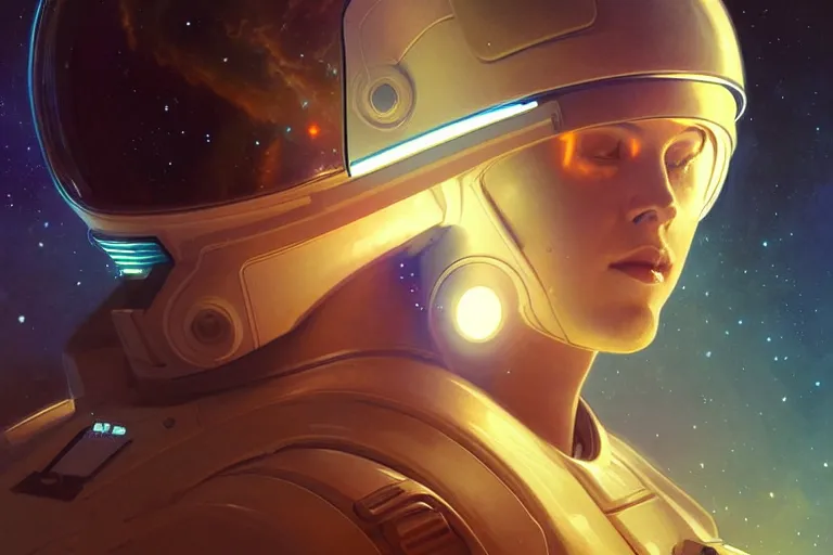 Image similar to Portrait of a Futuristic astronaut reflective visor mirror spacesuit reflecting a nebula supernova in space, portrait, elegant, intricate, digital painting, artstation, concept art, smooth, sharp focus, illustration, art by artgerm and greg rutkowski and alphonse mucha