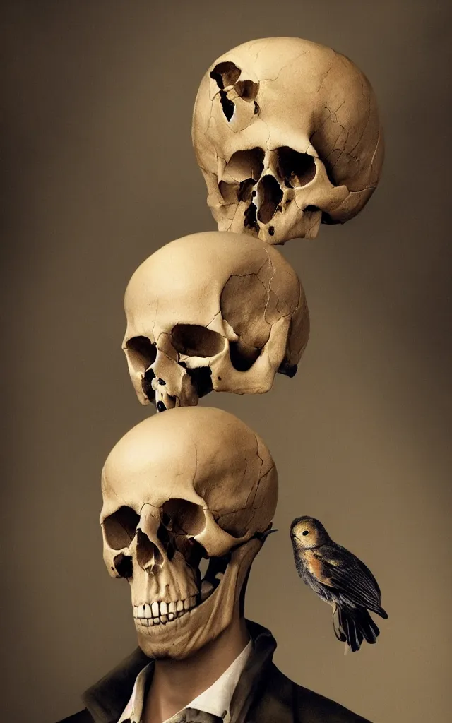 Image similar to portrait of a man with a bird skull, dynamic composition, dramatic lighting, hyperrealistic, ultra detailed