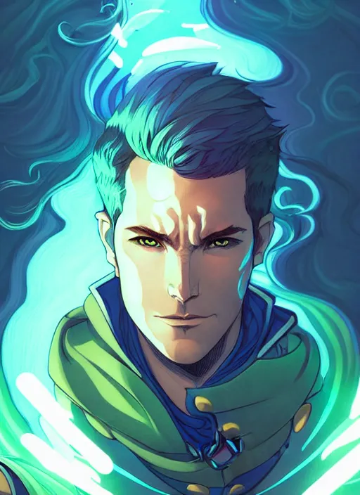 Image similar to style artgerm, joshua middleton, illustration, ryan reynolds as rune knight wearing green pelt light armor, anime eyes, blue hair, swirling water cosmos, fantasy, dnd, cinematic lighting