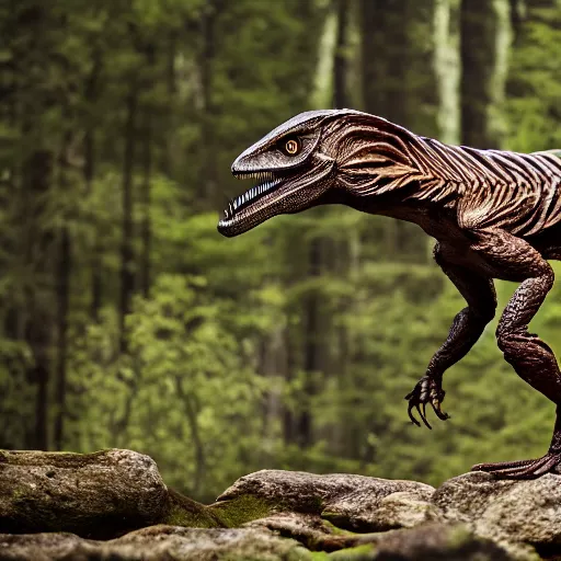 Prompt: velociraptor in forest, national geographic, prehistoric planet, XF IQ4, f/1.4, ISO 200, 1/160s, 8K, RAW, unedited, symmetrical balance, in-frame