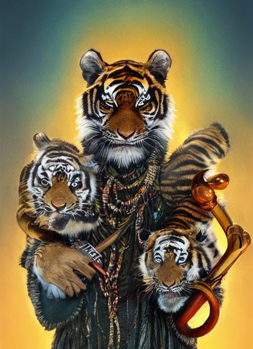 Prompt: an anthropomorphic beautiful goddess male wizard made of tiger portrait holding a staff wearing colourful robe, fine art, award winning, intricate, elegant, sharp focus, octane render, hyperrealistic, cinematic lighting, highly detailed, digital painting, 8 k concept art, art by jamie hewlett and z. w. gu, masterpiece, trending on artstation, 8 k