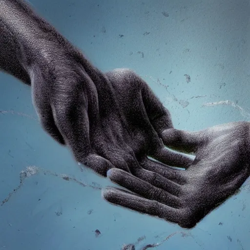 Image similar to hyperrealistic mixed media high resolution image of a proportionally sized human hand reaching outward whose fingertips undergo particle teleportation that resembles complex potential flow around a doublet, stunning 3d render inspired art by unreal engine and Greg Rutkowski, perfect symmetry, dim volumetric lighting, 8k octane beautifully detailed render, post-processing, extremely hyper-detailed, intricate, epic composition, highly detailed attributes, highly detailed atmosphere, cinematic lighting, masterpiece, trending on artstation, very very detailed, masterpiece, stunning, flawless epidermis,