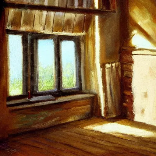 Prompt: oil painting of mostly empty cottage interior, one small window with sunlight shining onto the floor. artistic. cozy. wooden floor. rustic.