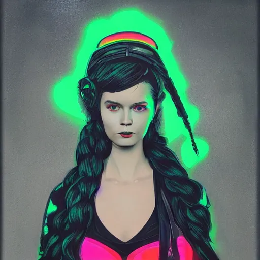 Image similar to a detailed and complex, highly detailed, concept art, soviet propaganda poster depicting a portrait of a gothic e - girl with neon hair. painting by irakli toidze