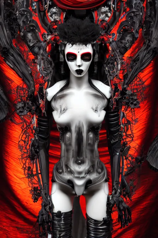 Image similar to full-body cyberpunk style sculpture of a young beautiful dark priestess, half android with a head opening exposing circuitry. glowing red eyes, black roses, flowing blood red colored silk, fabric, candles. baroque elements, human skull. full-length view. baroque element. intricate artwork by caravaggio. crows flying in background. Trending on artstation. octane render. cinematic lighting from the right, hyper realism, octane render, 8k, depth of field, 3D