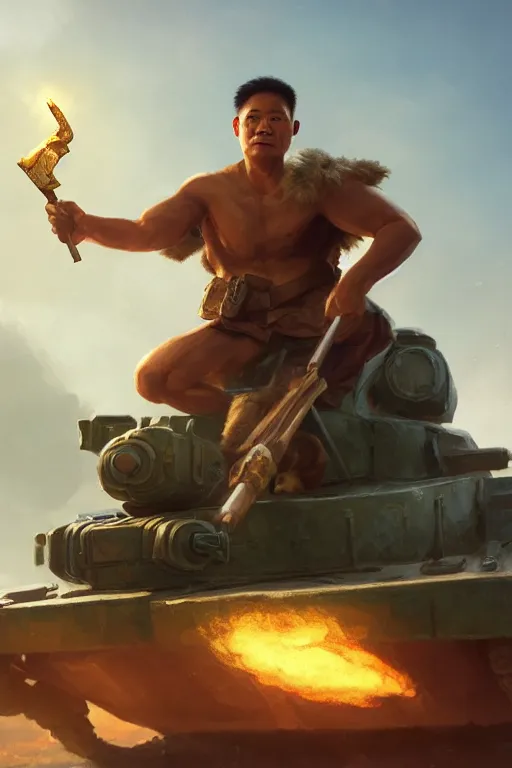 Image similar to a filipino man sitting on a tank holding a scepter and eating popcorn, highly detailed, d & d, fantasy digital painting, trending on artstation, concept art, sharp focus, illustration, global illumination, ray tracing, realistic shaded, art by artgerm and greg rutkowski and fuji choko and viktoria gavrilenko and hoang lap