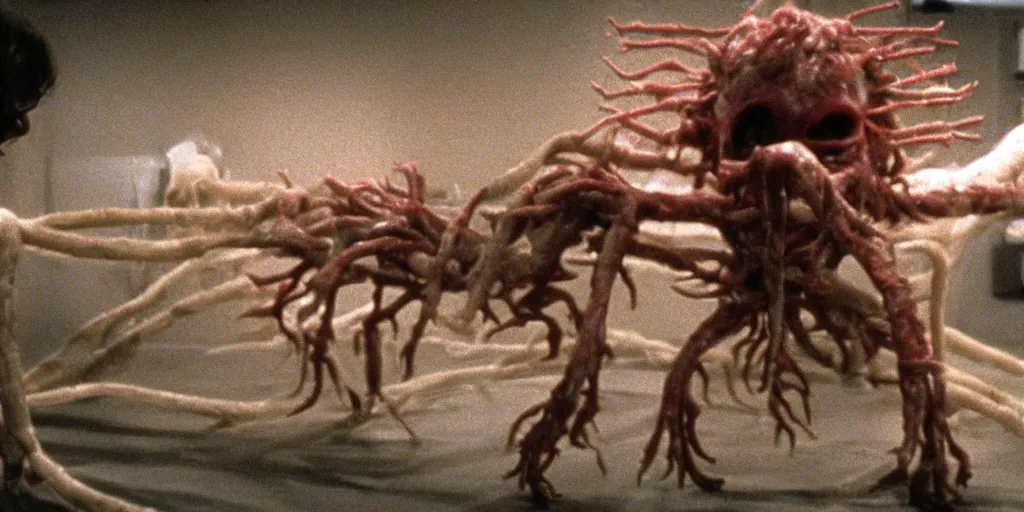 Prompt: filmic extreme wide shot dutch angle movie still 35mm film color photograph of a mutated shape shifting organism made of human internal organs, disgusting dissected human tissue with a variety of grotesquely strewn together human and animal limbs, in the style of a horror film The Thing 1982