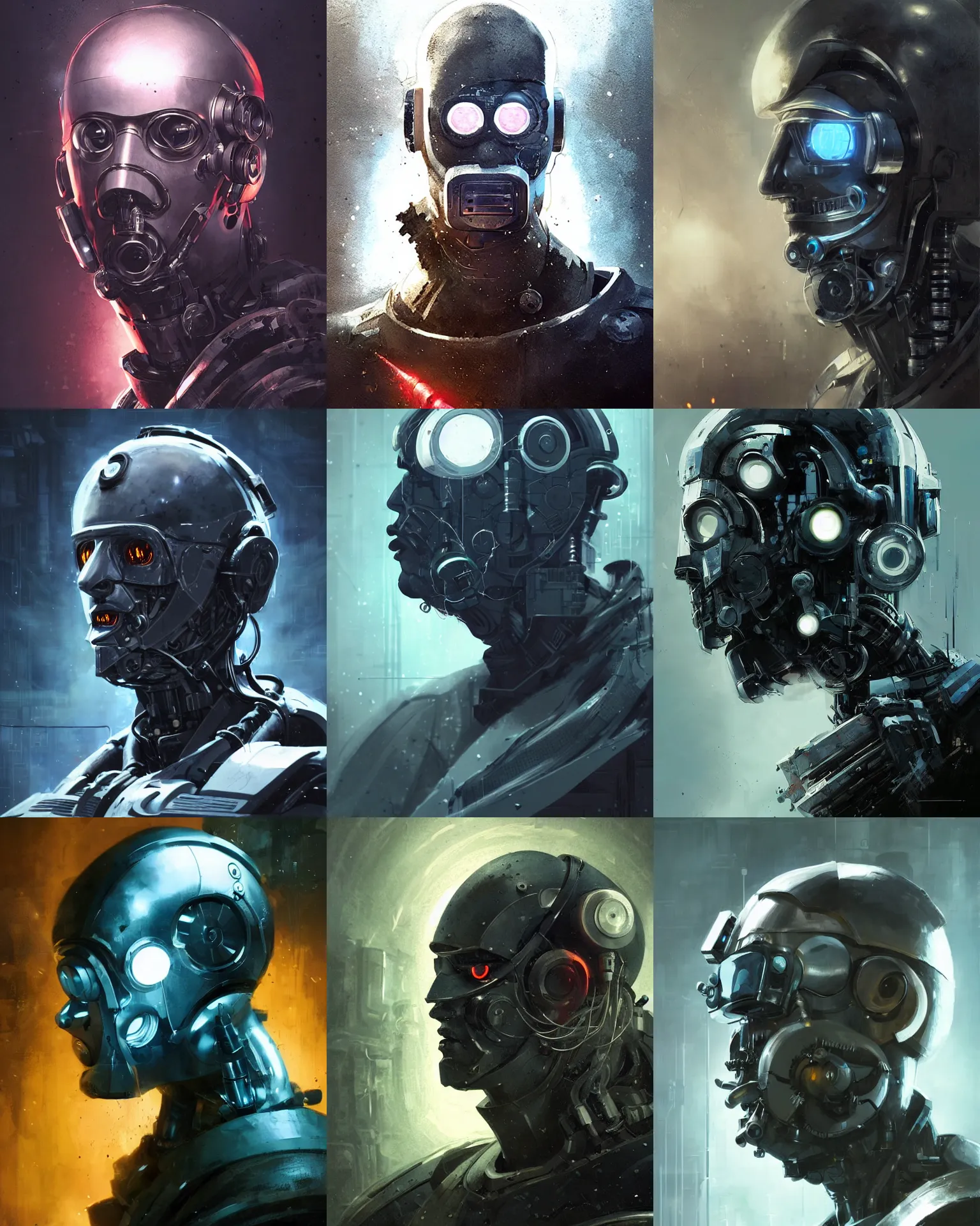 Prompt: a masked laboratory engineer man with cybernetic enhancements seen from a distance, scifi character portrait by greg rutkowski, craig mullins, 1 / 4 headshot, cinematic lighting, dystopian scifi gear, profile picture, mechanical, cyborg, half robot