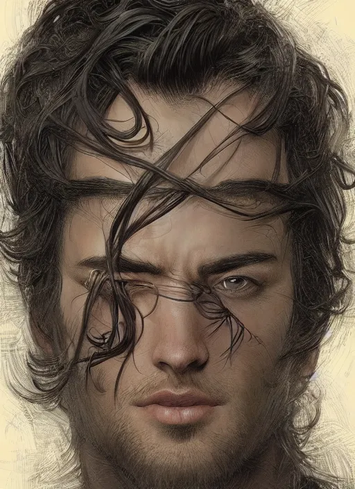 Image similar to darkhaired man seen from behind wearing loose tee shirt, head and shoulders, intricate, highly detailed, centered, digital painting, artstation, concept art, smooth, sharp focus, illustration, art by artgerm and donato giancola and Joseph Christian Leyendecker