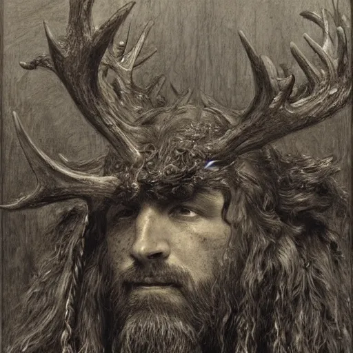 Image similar to hairy barbarian with moose head by gustave dore and donato giancola