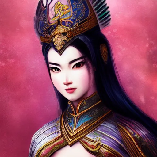 Prompt: ancient dynasty princess, dynasty warriors, cute face, 8 k beautiful, elegant, grafity, c 4 d, digital painting, smooth, concept art, in style of pan ren wei, aesthetic