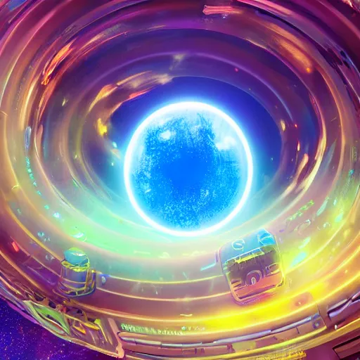 Image similar to glowing glorious 3D black hole in movie, intergalactic, space theme, galaxy colored, hyperdetailed, digital painting, trending on Artstation, cel-shading style, CG society, hyperdetailed, digital painting, hypermaximalist, golden ratio, volumetric, octane render, weta digital, micro details, 3d sculpture