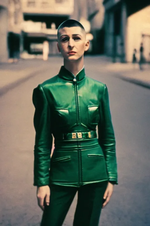 Image similar to ektachrome, 3 5 mm, highly detailed : incredibly realistic, demure, perfect features, buzz cut, beautiful three point perspective extreme closeup 3 / 4 portrait photo in style of chiaroscuro style 1 9 7 0 s frontiers in flight suit cosplay paris seinen manga street photography vogue fashion edition