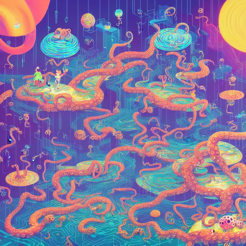 Image similar to illustration of a data-center architecture or schema, security agent and little shiny treasure and little spiked viruses and little octopus, datapipeline or river, painting by Jules Julien and Lisa Frank and Peter Mohrbacher and Alena Aenami and Dave LaChapelle muted colors with minimalism