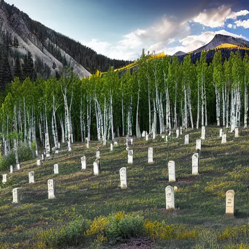 Prompt: Aspen Cemetery near the base of a mountain with an Aspen Grove, photo-realistic, high resolution, 8k, Colorado