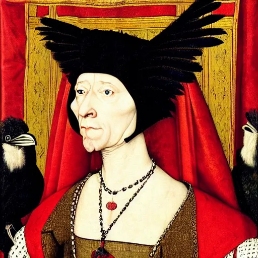 Image similar to a highly detailed portrait of a raven, wearing elegant tudor clothes, inside a room with thick red tapestries, by hans holbein