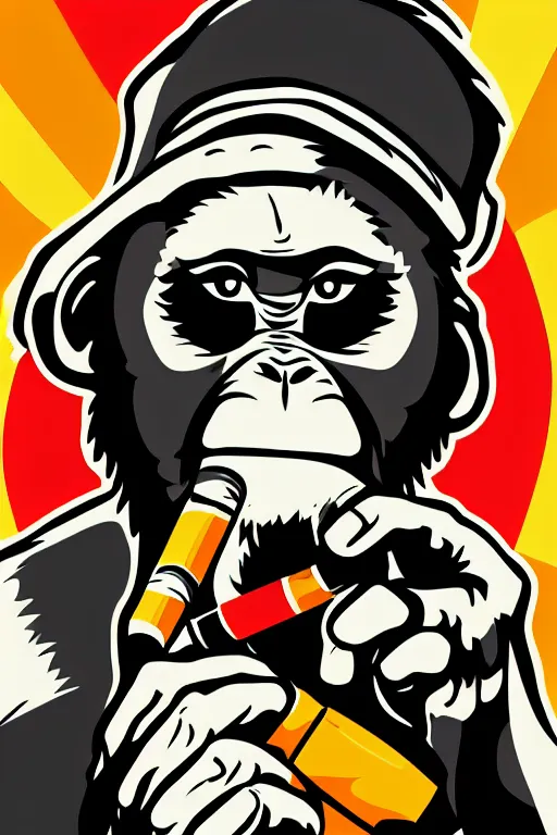 Prompt: Portrait of a Monkey with a cigarette, mafia, gangster, sticker, colorful, illustration, highly detailed, simple, smooth and clean vector curves, no jagged lines, vector art, smooth