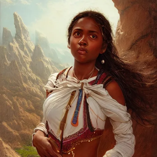 Prompt: artstation concept of a beautiful girl with a bow, brown skin, sweaty skin, symmetrical face, casual white garment, white desert background, shiny colorful, hyperdetailed, artstation trending, world renowned artists, worth1000.com, historic artworks society, antique renewal, cgsociety, by greg rutkowski, by Gustave Doré, Deviantart