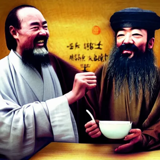 Prompt: confucius, lao tzu, jesus drinking tea in a chinese tea house, happy, smiling, fist bumping