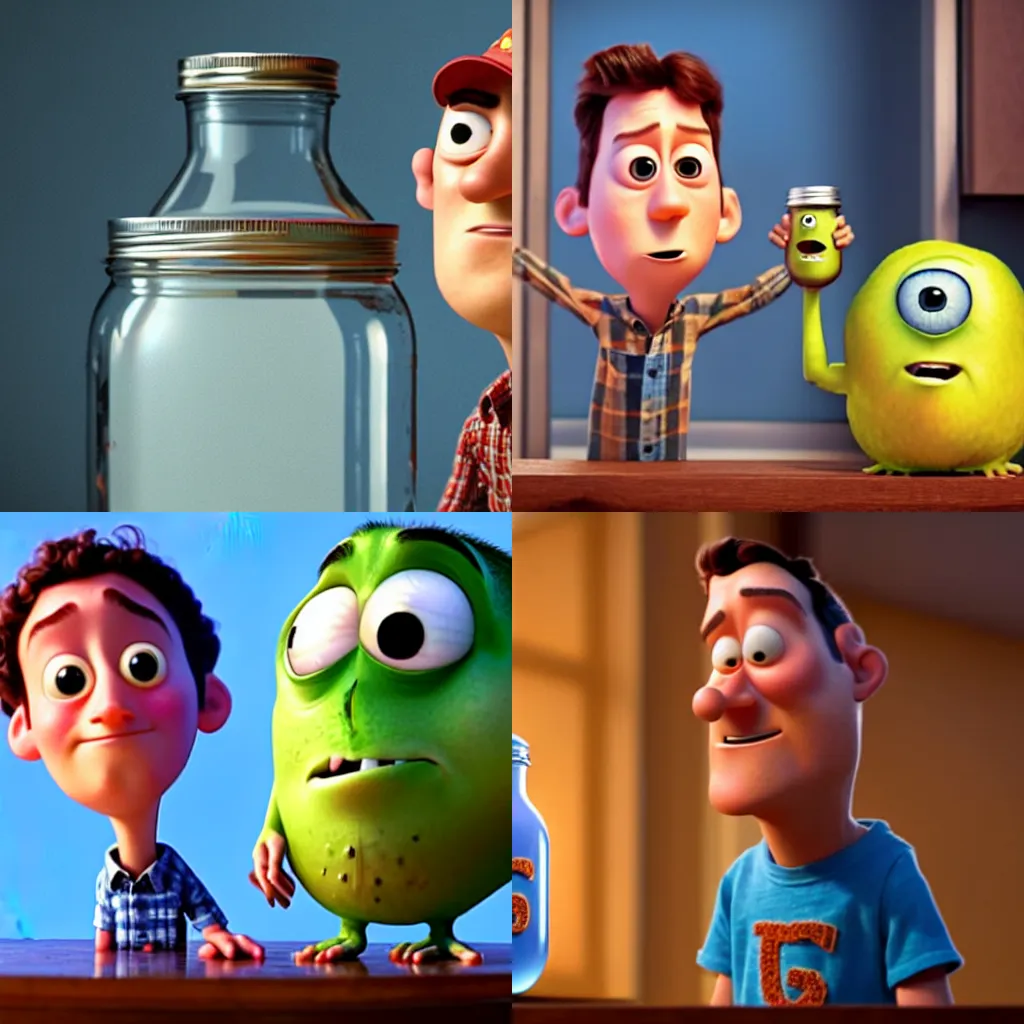 Prompt: A man standing inside of a mason jar while the face of a giant peers at him, Pixar.