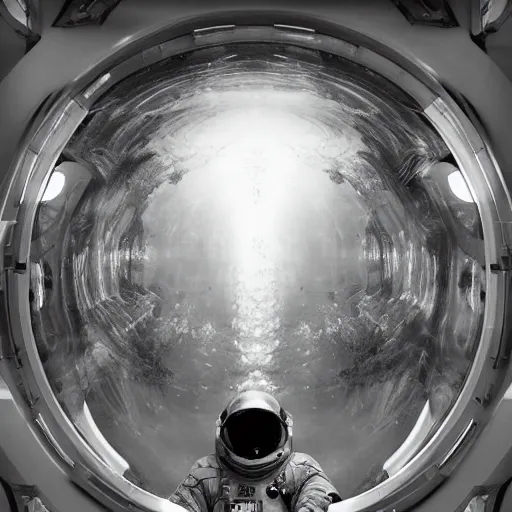 Prompt: concept art by craig mullins diver astronaut in underwater futuristic dark and empty spaceship. infrared complex and hyperdetailed technical suit design. mandelbulb fractal. reflection and dispersion materials rays and dispersion of light breaking through the deep water. 5 0 mm, f / 3 2. noise film photo. high contrast. flash photography