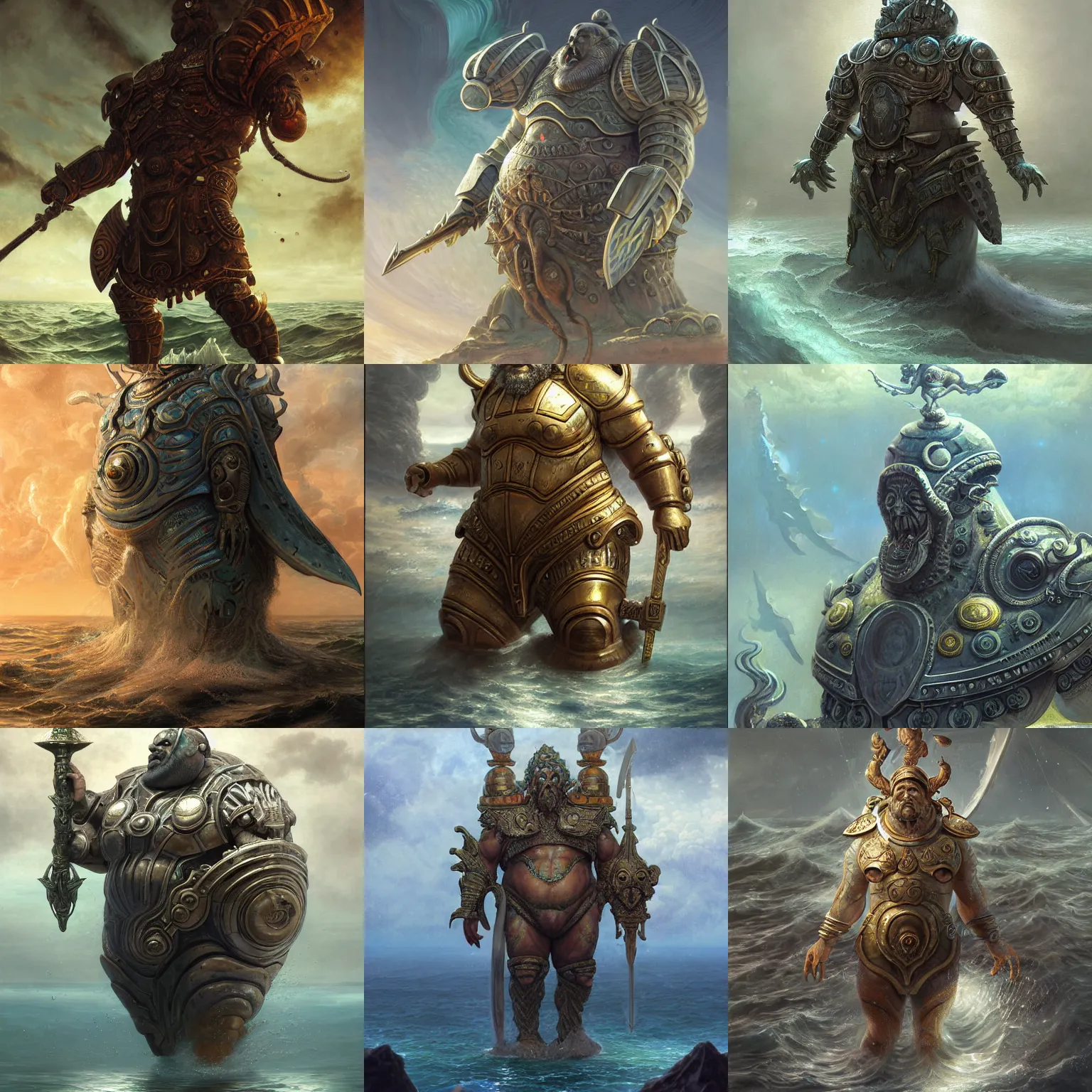 Prompt: fat poseidon god in ancient alien ocean sci-fi bathyscaphe armor, highly detailed, digital painting, artstation, concept art, smooth, sharp focus, illustration, ArtStation, art by giger and greg rutkowski and Hikari Shimoda and Edmund Blair Leighton and Charlie Bowater, painted warhammer miniature