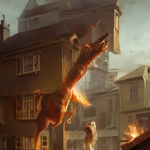 Image similar to a highly detailed oil painting of a giant dog smashing houses, bystanders watching from the sides, 4 k, by greg rutkowski, artstation,