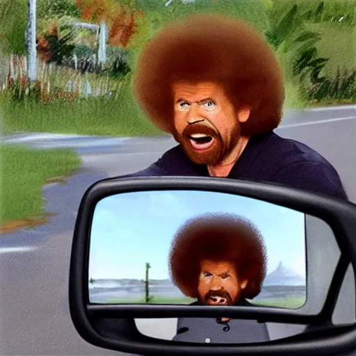 Prompt: a tiny angry bob ross screaming and running in rear view mirror