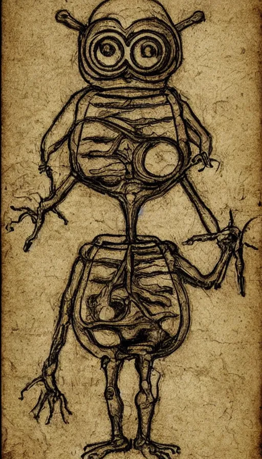 Prompt: labeled anatomical drawing of a minion by leonardo davinci