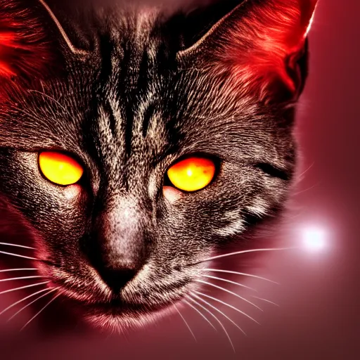 Image similar to metallic cat with red glowing eyes, dramatic lighting, studio photo, 4k, photorealistic, film grain, inspired by the terminator