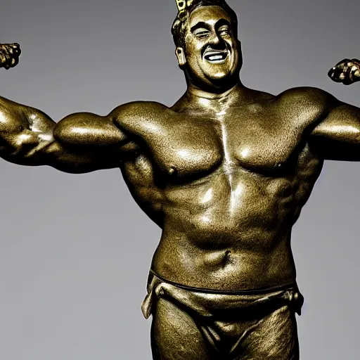 Image similar to a bronze statue of Spongebob Squarepants, extremely muscled , studio lighting