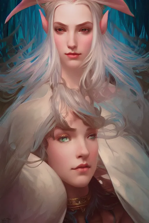 Image similar to beautiful, beautiful elf, final fantsy, digital painting, portrait , cinematic lighting, highly detailed, artstation, concept art, illustration, smooth, sharp focus, editor's pickup, trending on artstation, trending on deviantart, alphonse mucha, WLOP