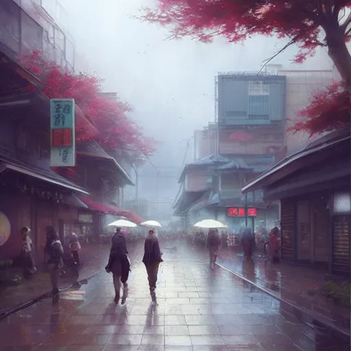 Prompt: walking from naka - meguro, tokyo. volumetric lighting, spring afternoon, overcast weather, realistic illustration, perfectly shaded, soft painting, art by krenz cushart and wenjun lin