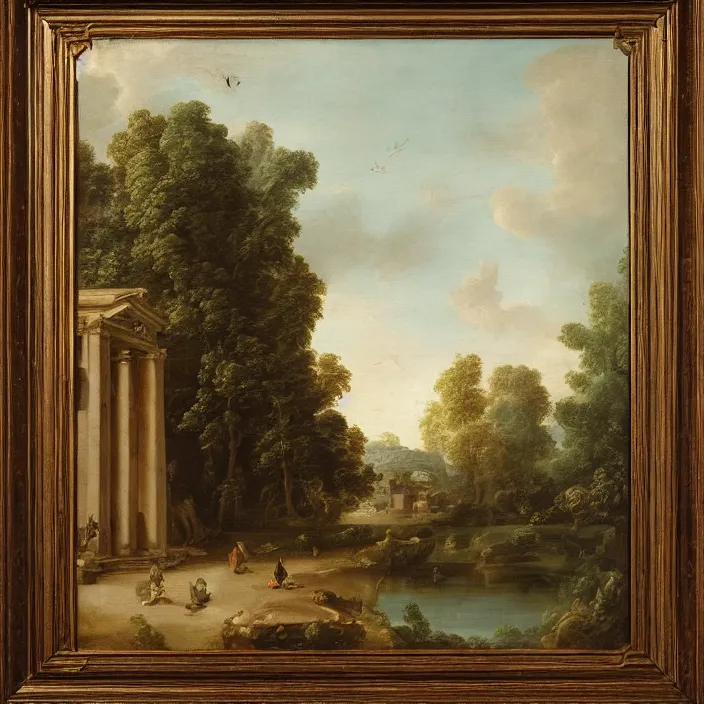 Image similar to a building in a serene landscape, rococo art