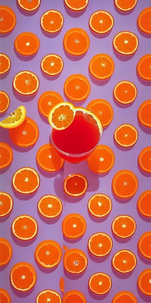 Prompt: a seamless repeating pattern of campari and oranges, colourful, symmetrical, repeating 3 5 mm photography, in the style of toiletpaper magazine, surreal, high detail, photograph by slim aarons, wes anderson,