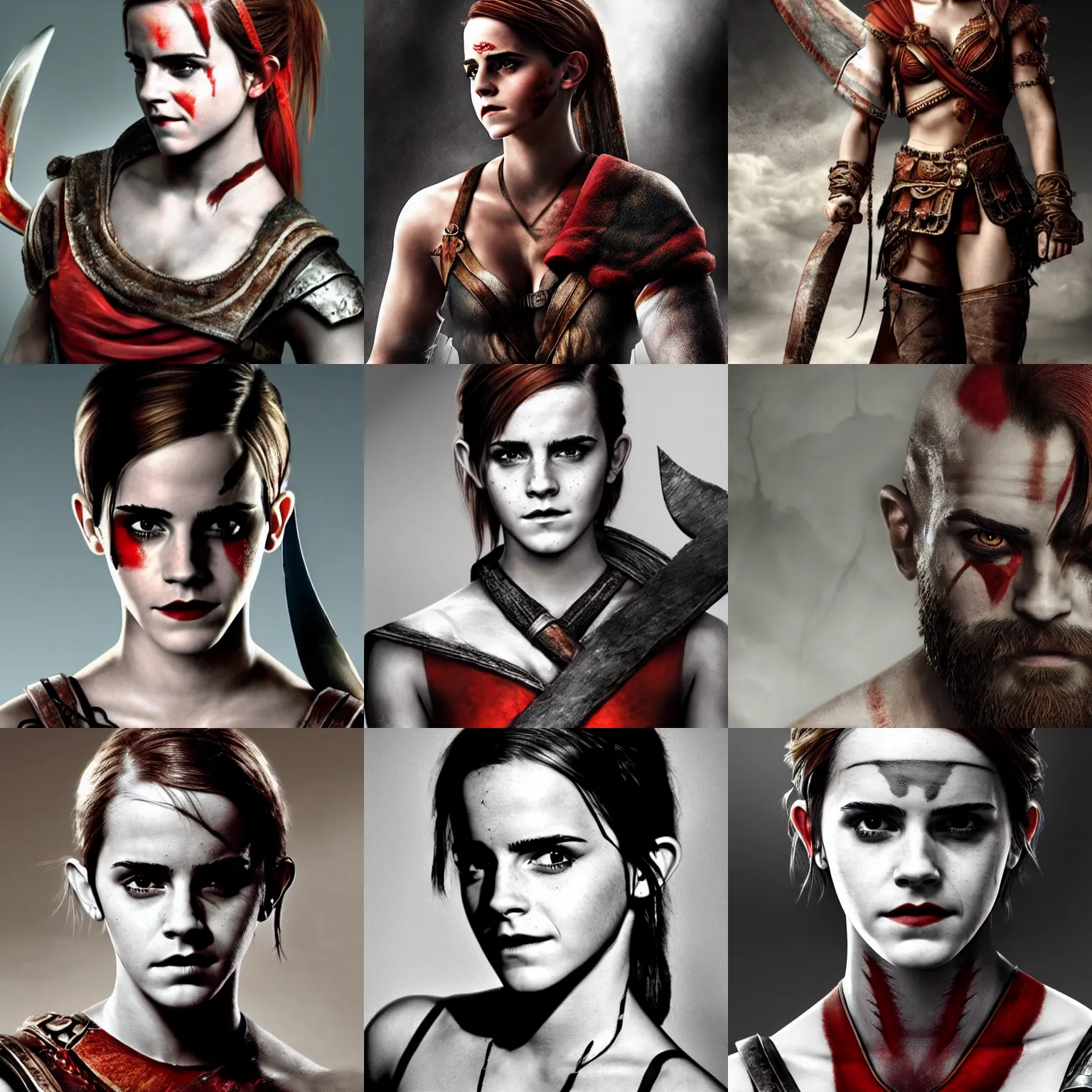 Image similar to Emma Watson as Kratos, brutal, portrait