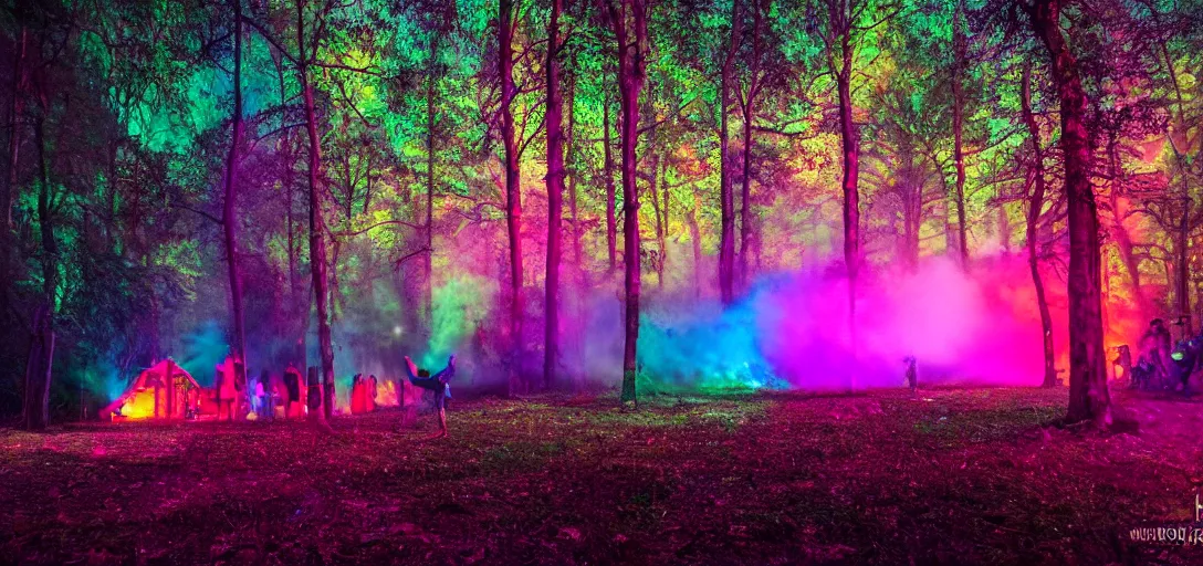 Prompt: intense rave party in the woods behind a red barn, uhd, smoke, colorful, night, 8k, photo,