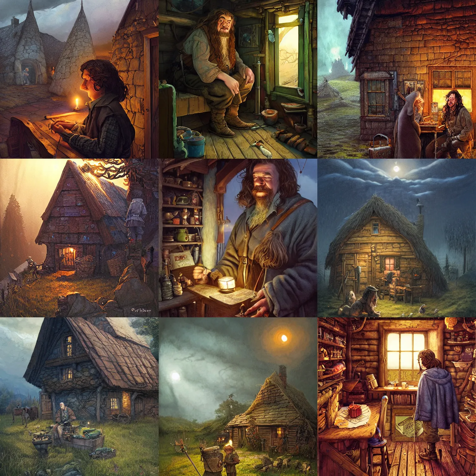 Prompt: Samuel Vimes sits in Hagrid Hut at twilight, detailed, hyperrealistic, colorful, cinematic lighting, digital art by Paul Kidby, Kate Oleska and Jim Kay