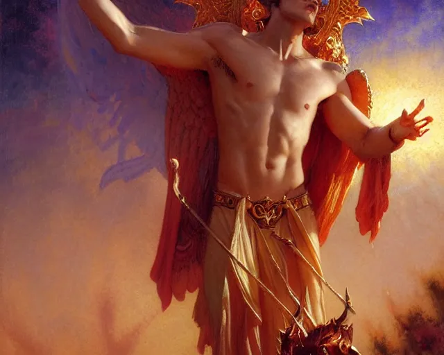 Image similar to attractive pagan male deity, summoning handsome lucifer morning star. highly detailed painting by gaston bussiere, craig mullins, j. c. leyendecker 8 k