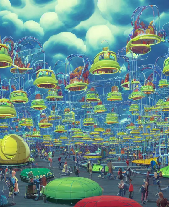 Prompt: a puffy inflated amusement park made out of fat seamless alien snakes, in the style of an aerodynamic obese robot, overgrown with thick orchids, partly cloudy, somber, dramatic lighting, by dan mumford, yusuke murata, makoto shinkai, ross tran, cinematic, unreal engine, cel shaded, featured on artstation, pixiv