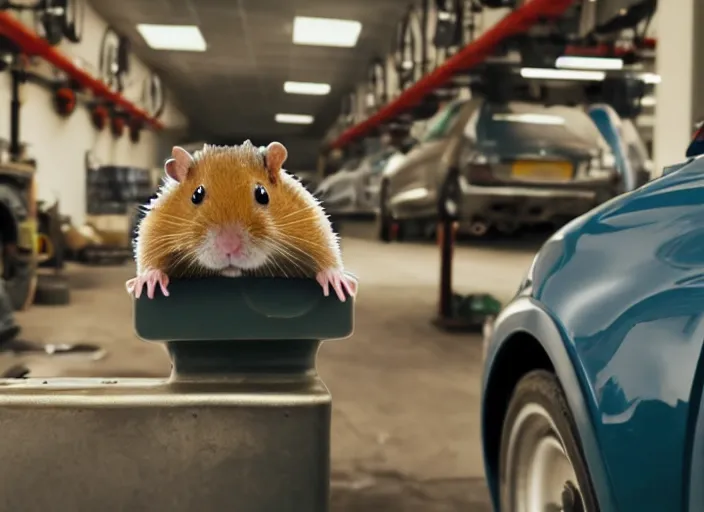 Image similar to film still of a hamster working as a mechanic in an auto shop, 8 k