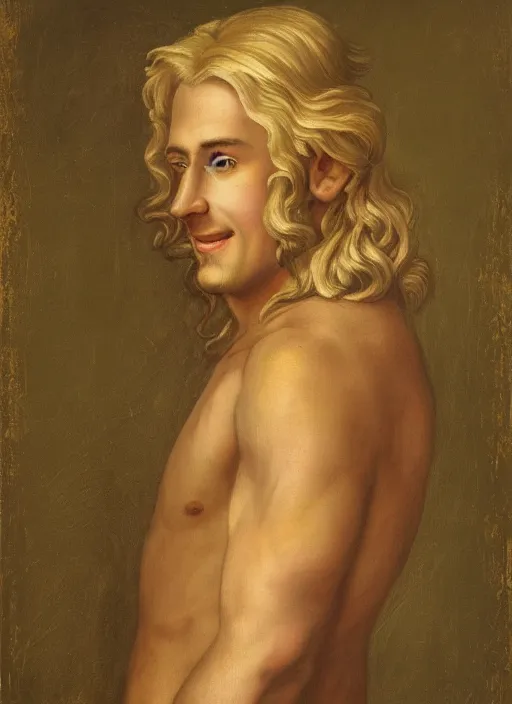 Image similar to portrait of a smiling blond handsome man with long hair in baroque art, anime inspired, High Res 8K,hyperdetailed