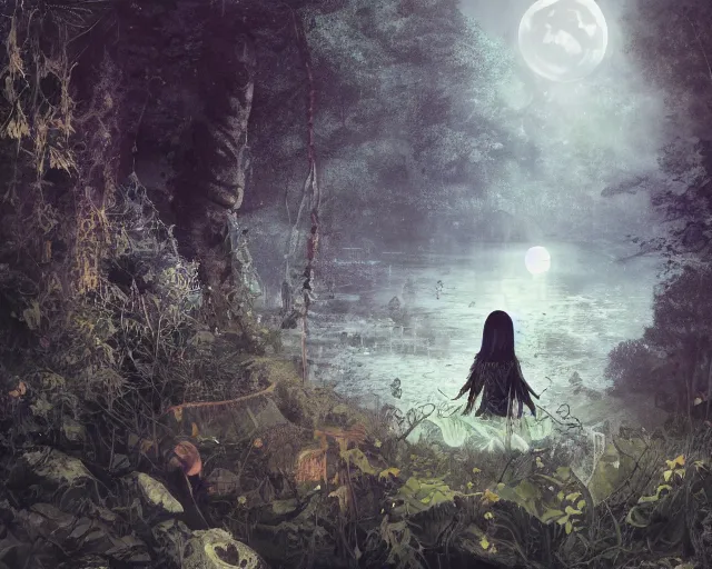 Image similar to goth woman in a moonlight view, in a forest, a river, tankoban, 4 k, tone mapping, akihiko yoshida, james jean andrei riabovitchev marc simonetti, yoshitaka amano, long hair, curly, h. hydrochaeri