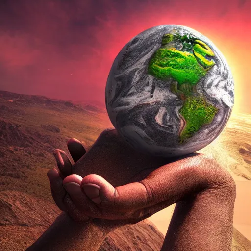 Image similar to Monster holding Earth in hand, we see his face from space, unimaginably huge, beautiful details, HDR, octane render