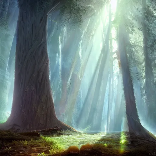 Image similar to a fairy huge sequoia, rays of light, atmospheric, matte-painting, trending on artstation