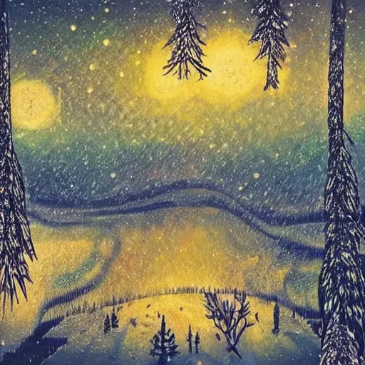 Image similar to sunset nordic forest, sparkling spirits, detailed wide shot, crayon, ground detailed, wet eyes reflecting into eyes reflecting into infinity, beautiful lighting
