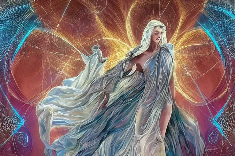 Prompt: genesis, music, an angelic cybernetic organism sings the first song, a goddess muse by Artgerm the world is born from the pluck of a string, the vibrations bring order from chaos, every living thing is connected by a thread of fate, together they make a glorious song that creates a gnostic hyper-dream ascension of harmony and bliss throughout the universe amazing concept painting by Jessica Rossier