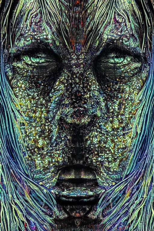 Image similar to dark portrait of one Bioluminescent old shaman, with cracked reaction diffusion semi-transparent skin. multicolored fish scales, closeup. long dark hair with insects and plant leaves. at night, realistic. intricate, very detailed, by alex grey and Moebius