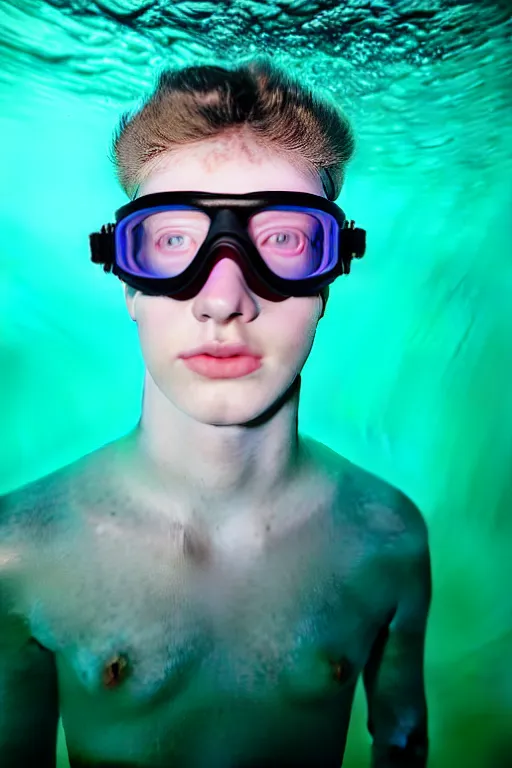 Prompt: high quality pastel coloured film mid angle portrait photograph of a beautiful young 2 0 year old male, soft features, short hair, rubber goggles and oversized inflated clothing!!!! icelandic black! rock pool environment. atmospheric three point light. photographic. art directed. ( pastel colours ). volumetric. clearcoat. waves. 8 k. filmic.
